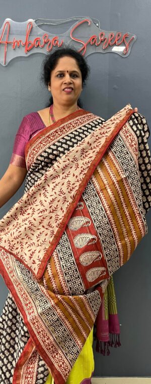Red Chanderi Cotton Saree with Black Maroon Border | ASA589
