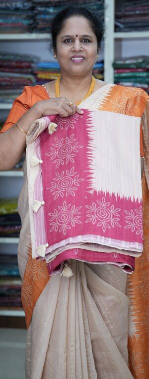 Cream with Maroon bandhini print border ASB406 Semi tussar