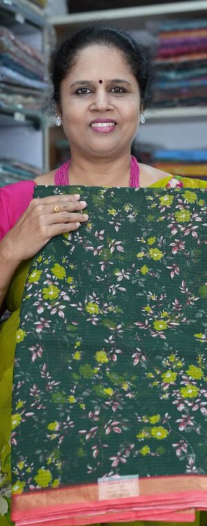 Leaf Green Kota Cotton Saree with Peach Contrast | ASB433