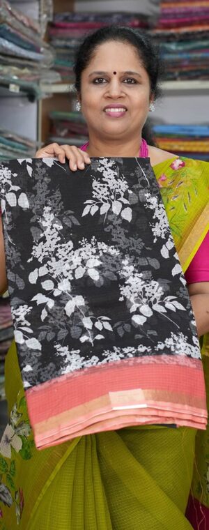 Floral Black with Peach Pure Kota Cotton Saree | ASB437
