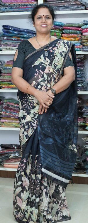 Black Soft Linen Saree with Floral Border & Blouse | ASB660