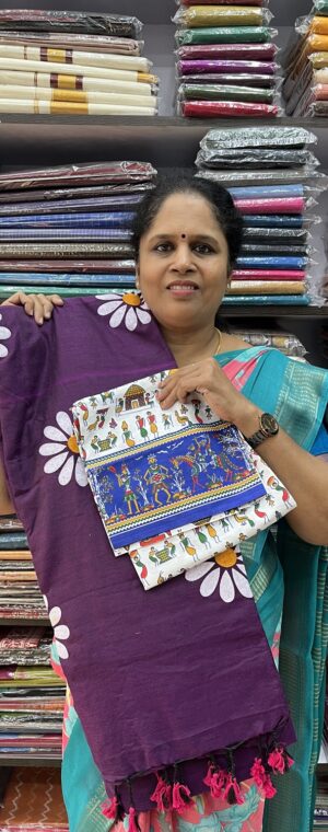 Dark Brinjal Khadi Cotton Saree with Printed Contrast Blouse | ASB554