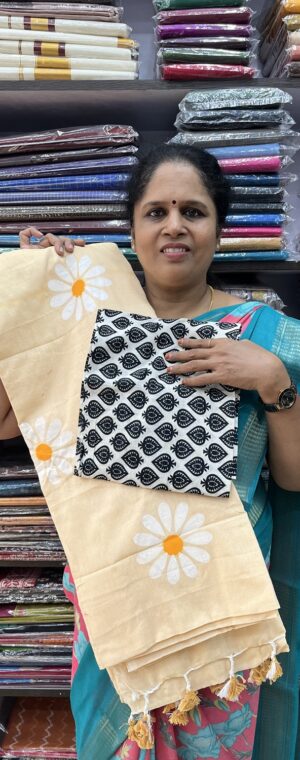 Light Cream Khadi Cotton Saree with Floral Pattern | ASB557