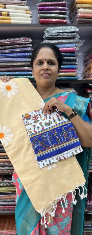 Light Cream Khadi Cotton Saree with Contrast Cotton Blouse | ASB558