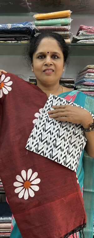 Maroon Khadi cotton Saree With Printed Blouse | ASB561