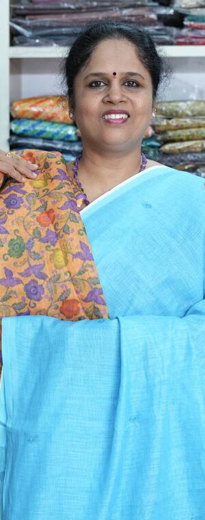 Skyblue with Mustard printed blouseASB572 Linen digital print