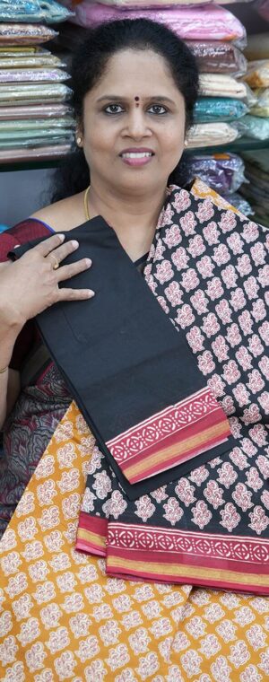 Black Semi Chanderi Cotton Saree with Maroon Zari Border | ASB984