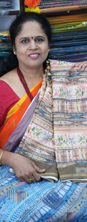 Light Peach Linen Cotton Saree with Abstract Design | ASC21