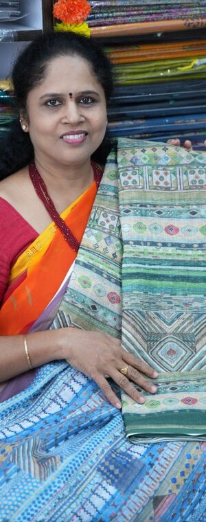 Green Linen Cotton Saree with Abstract Design | ASC25
