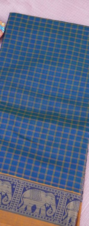 Peacock Blue Narayanpet Cotton Saree with Elephant Border & Checks | ASC192