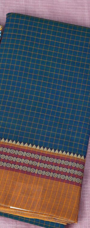 Peacock Blue With Mustard Checks Narayanpet Cotton Sarees | ASC219