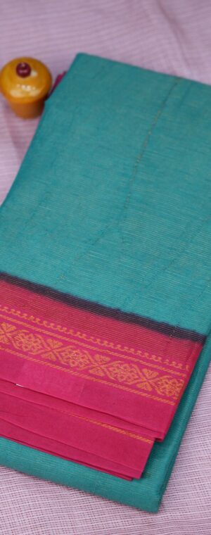 Peacock Green With Pink Border Sungudi Cotton Tissue Sarees | ASC263