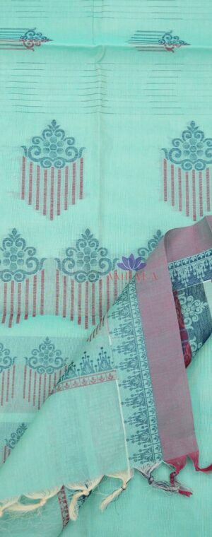 Seagreen With Magenta Border Cotton Sarees | ASC507