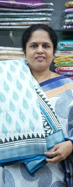 White With Blue Soft linen cotton saree | ASC792