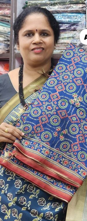 Ink blue with Orange color ASD434 Semi Tussar saree