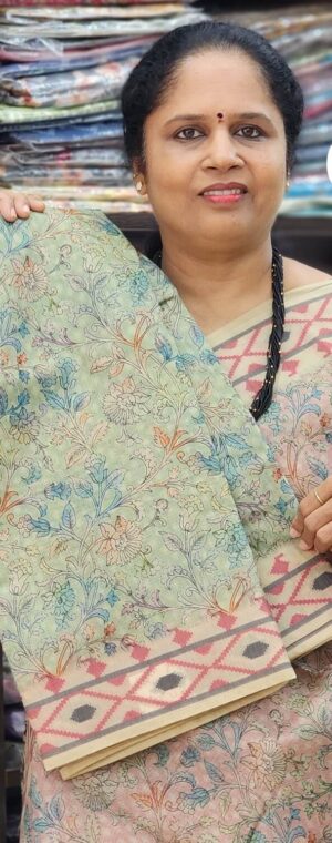 Light Green Cotton Blend Digital Print Saree | ASD407