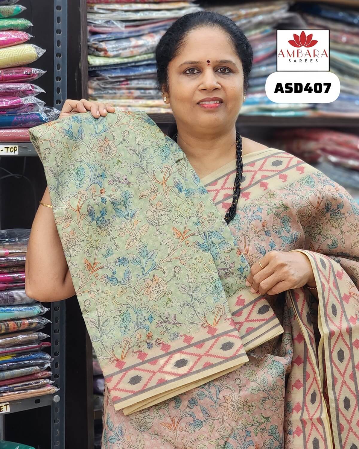 Light Green Cotton Blend Digital Print Saree | ASD407