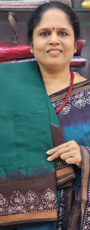 Green Soft Batik Cotton Saree with Brown Contrast Border | ASD622