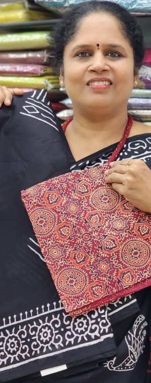 Black Mulmul Cotton Saree with White Prints & Ajrakh Blouse | ASD633