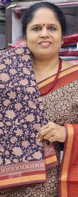 Blue Cotton Blend Ajrakh Saree with Maroon Border | ASD628