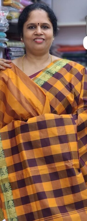 Mustard yellow with Brown checks ASD752 Polycot sarees