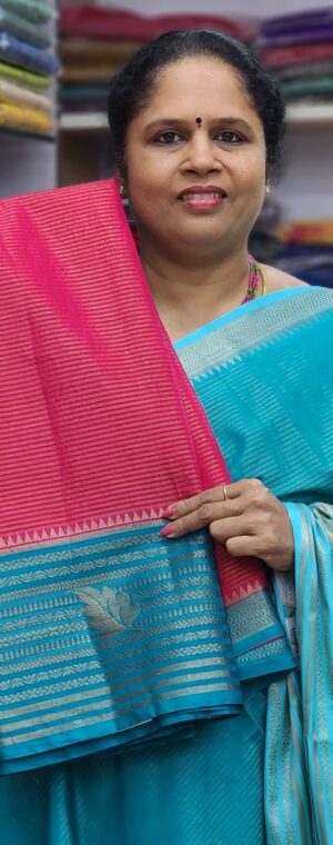 Pink with sky blue border ASD820 Bunkari silk saree