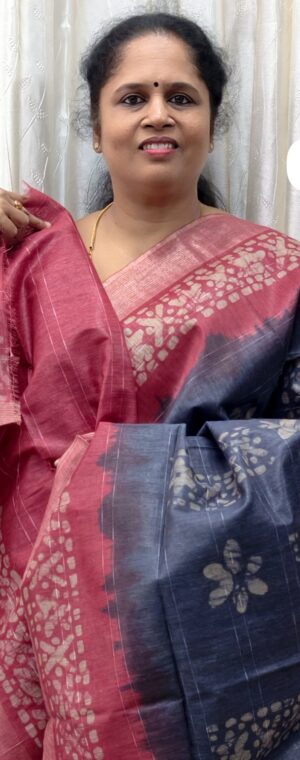 Light ink blue with pink ASE187 Tussar by cotton saree