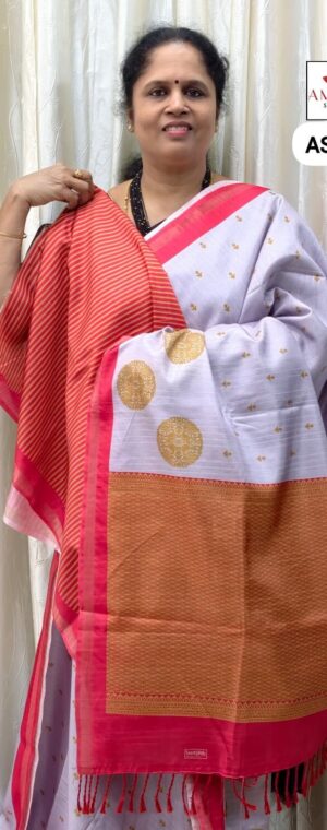 Light Grey With Pink Border Semi Tussar Saree | ASE247