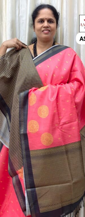 Pink With Black Border Semi Tussar Saree | ASE249