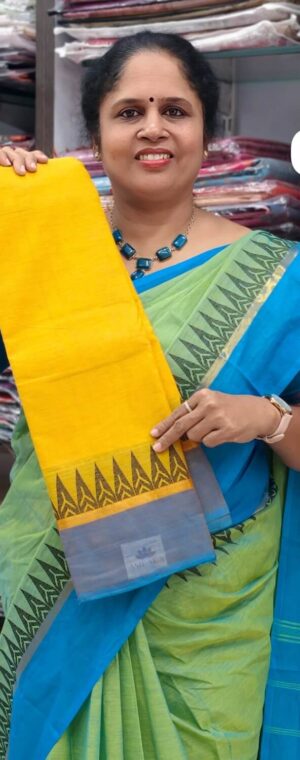 Mango Yellow Chettinad Cotton Saree with Blue Border | ASD970