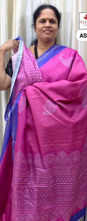 Pink With Blue Border Semi Tussar Saree | ASE243