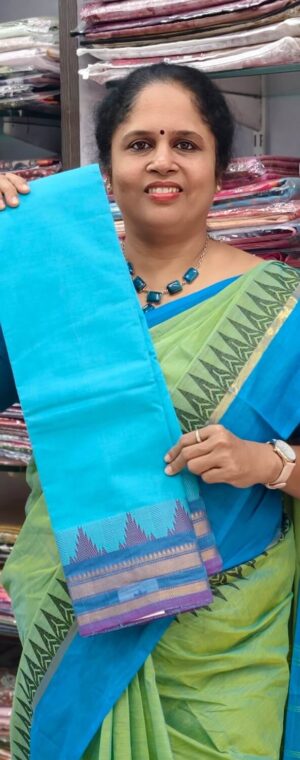 Sky Blue With Dark Blue Border Chettinad Cotton Saree | ASD972