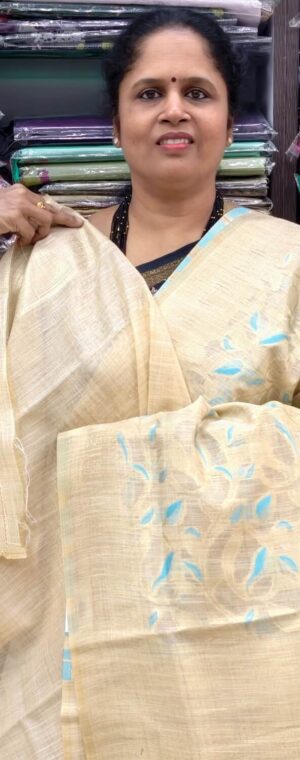 Cream with Sky Blue  Cream-Colored Tissue Saree | ASE226