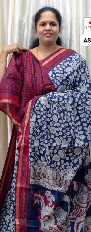Blue With Maroon Border Viscose Cotton | ASE328