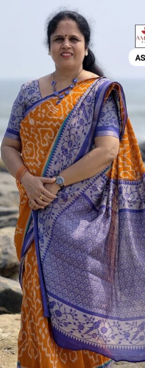 Orange With Blue Border Malai Cotton | ASE460