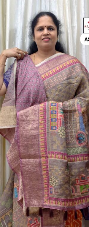 Green With Lavender Border Semi Tussar | ASE471