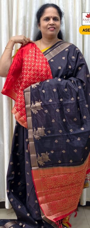 Black With Red Semi Tussar | ASE490