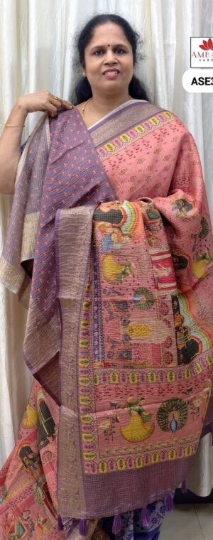 Peach With Lavender Border Semi Tussar | ASE372