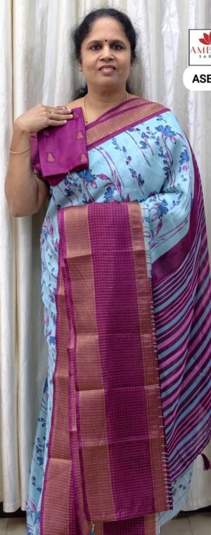 Blue With Magenta Border Semi Crepe | ASE421