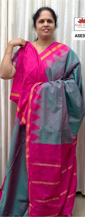 Leaf Green With Pink Border Silk By Cotton | ASE393