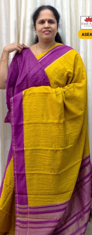 Yellow With Magenta Border Assam Silk | ASE498