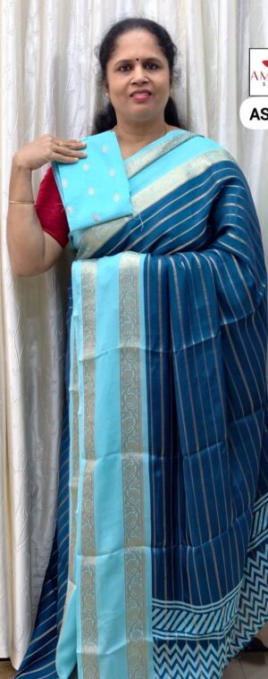 Dark Blue With Skyblue Border Semi Crepe | ASE370