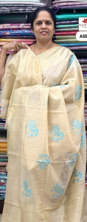 Cream With Sky Blue Tissue Saree | ASE405