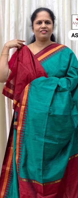 Green With Maroon Border Silk By Cotton Sarees | ASE319