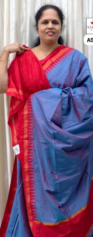 Blue With Red Border Silk By Cotton Sarees | ASE321