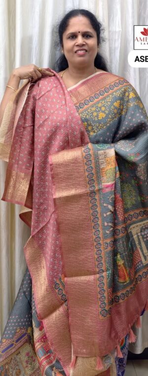 Grey With Pink Border Semi Tussar | ASE474