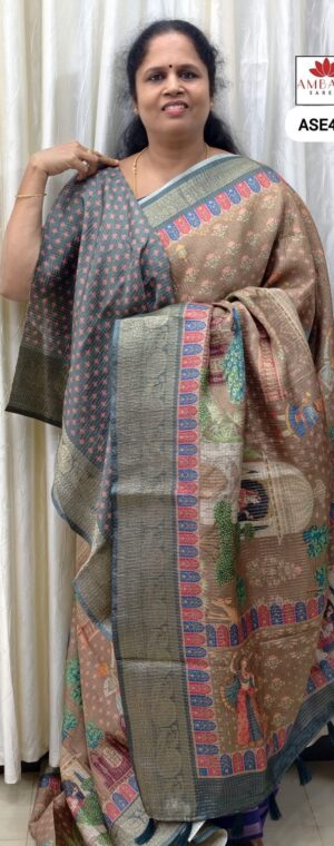 Brown With Blue Border Semi Tussar | ASE475