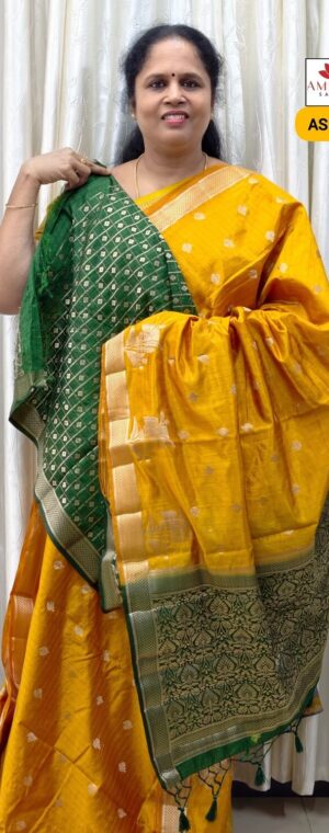 Yellow With Green Semi Tussar | ASE486