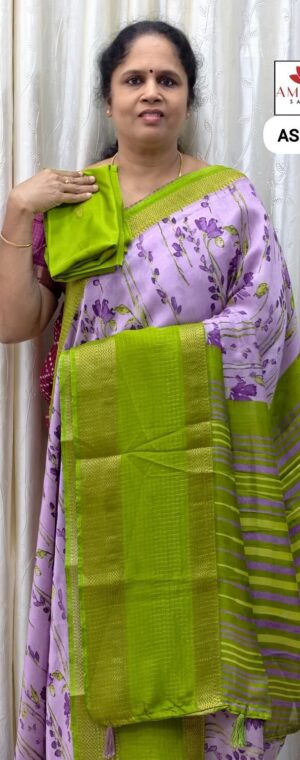Lavender With Light Green Border Semi Crepe | ASE420