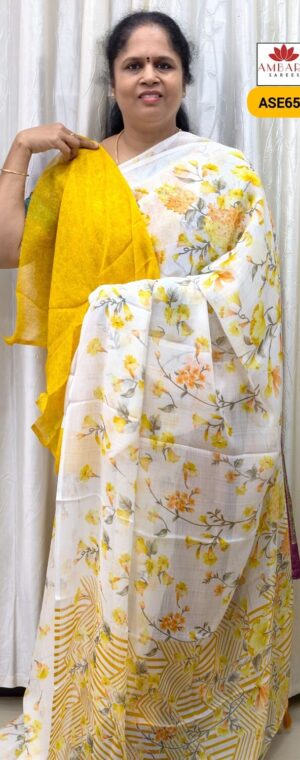 White & Yellow Chiffon Saree with Floral Print | ASE653